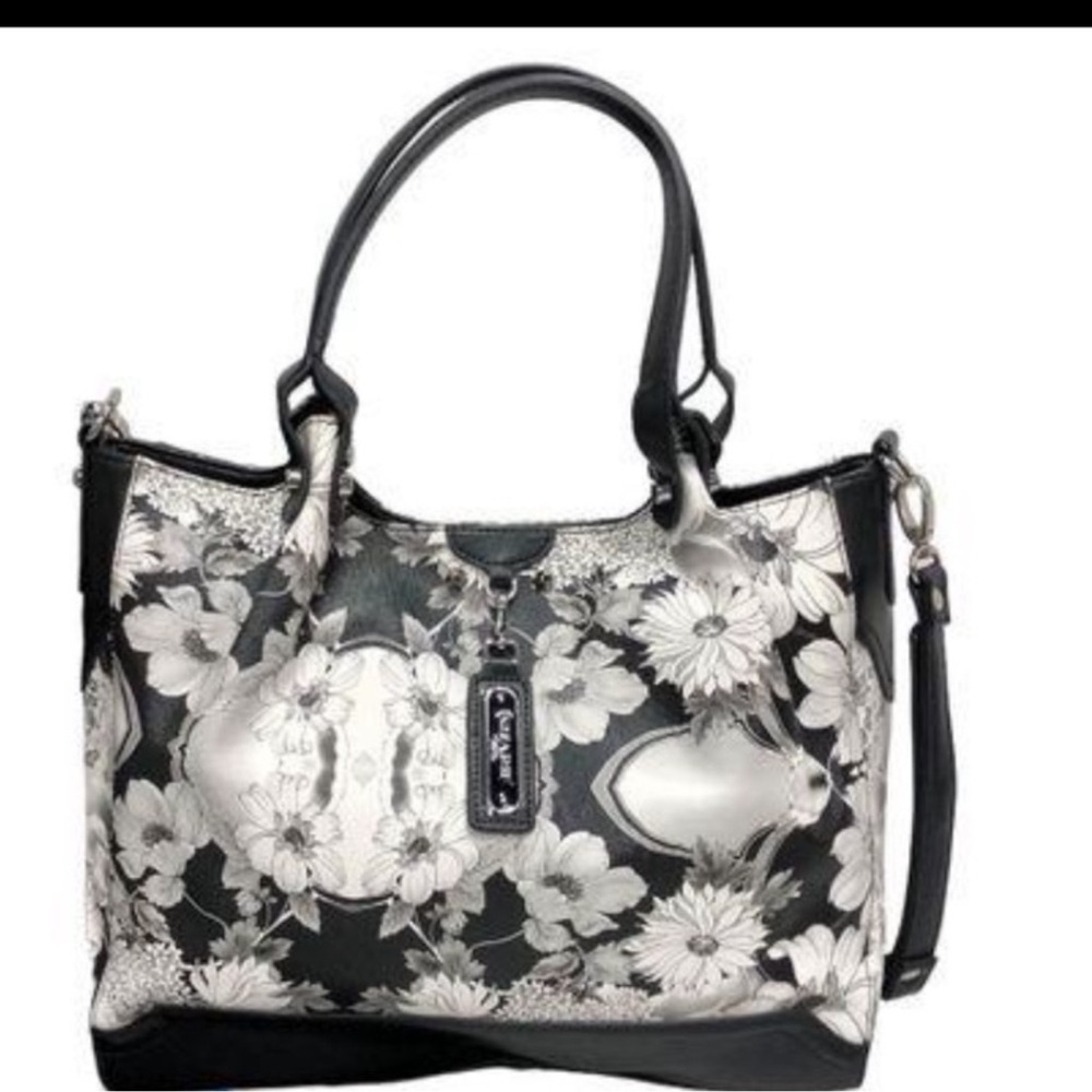 STUNNING! Sharif Black and White Safiano Leather Bag with Multicolor Floral Guts